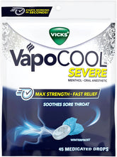 Vicks VapoCool Severe Medicated Sore Throat Drops, Max Strength Menthol, Soothes Sore Throat Pain, Winterfrost Flavor, 45ct