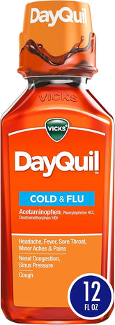 Vicks DayQuil Cold and Flu Relief Liquid Medicine, Non-Drowsy Multi-Symptom Daytime Relief for Headache, Fever, Sore Throat, Minor Aches and Pains, Nasal Congestion, and Cough, 12 Fl Oz
