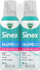 Vicks Sinex Saline Moisturizing Nasal Spray, with Aloe, Drug Free Ultra Fine Mist, Clear Everyday Sinus Congestion Fast, Clear Mucus from a Cold or Allergy, 5 OZ x 2