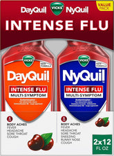Vicks DayQuil & NyQuil Intense Flu Liquid, Value Pack, Over-the-Counter, Multi-Symptom, Powerful Relief for Body Aches, Fever, Headache, Sore Throat, and Cough, 6 Hour Relief, Cherry Flavor, 12 FL OZ