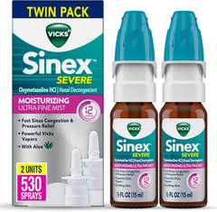 Vicks Sinex Severe Nasal Spray, Moisturizing Ultra Fine Mist with Aloe, Decongestant Medicine, Relief from Stuffy Nose Due to Cold or Allergy, Nasal Congestion & Sinus Pressure Relief, 265 Sprays x 2