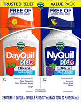 VICKS Kids DayQuil & NyQuil Cold & Cough Relief Liquid Co-Pack, Free of Artificial Dyes & Sugar, Multi-Symptom Relief of Cough, Sneezing, Runny Nose, Mucus, and Chest Congestion, for Ages 6+, 2x6oz