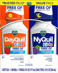 VICKS Kids DayQuil & NyQuil Cold & Cough Relief Liquid Co-Pack, Free of Artificial Dyes & Sugar, Multi-Symptom Relief of Cough, Sneezing, Runny Nose, Mucus, and Chest Congestion, for Ages 6+, 2x6oz