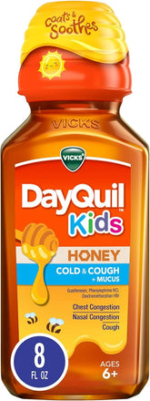 Vicks DayQuil Kids Cold and Cough + Mucus Relief Made with Real Honey for Kids 6+ Tastes Great 8oz