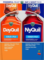 Vicks DayQuil and NyQuil Cherry Cold and Flu Relief Cherry-Flavored Liquid Medicine, Cherry Flavored, Combo Pack, 2 x 12 FL OZ Bottles