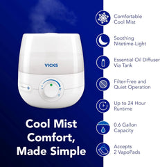 Vicks NaturalCare Cool Mist Ultrasonic Humidifier, Small Room Humidifier for Bedroom, Diffuser with Nighttime Light, Works with Vicks VapoPads, White