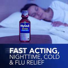 Vicks NyQuil SEVERE Cold and Flu Relief Liquid Berry Flavored Medicine, Maximum Strength, 9-Symptom Nighttime Relief For Fever, Sore Throat, Nasal Congestion, Sinus Pressure, Sneezing, Cough, 12 FL OZ