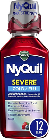 Vicks NyQuil SEVERE Cold and Flu Relief Liquid Berry Flavored Medicine, Maximum Strength, 9-Symptom Nighttime Relief For Fever, Sore Throat, Nasal Congestion, Sinus Pressure, Sneezing, Cough, 12 FL OZ