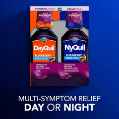 Vicks DayQuil & NyQuil Elderberry Flavor Cold & Flu Liquid Medicine Co-Pack, Multi-Symptom Relief of Headache, Fever, Sore Throat, Minor Aches & Pains, Sneezing, Runny Nose& Cough, 2x12oz (Pack of 2)