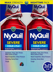 Vicks NyQuil SEVERE Cold & Flu Liquid Twin Pack, Nighttime Relief Medicine for Headache, Fever, Sore Throat, Minor Aches & Pains, Nasal Congestion, Sneezing, Runny Nose, Cough, Berry Flavor, 2x12 OZ