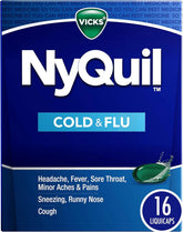 Vicks NyQuil Cold & Flu Relief Over-the-Counter Medicine, Powerful Multi-Symptom Nighttime Relief for Headache, Fever, Sore Throat, Minor Aches and Pains, Sneezing, Runny Nose, and Cough, 16 Liquicaps