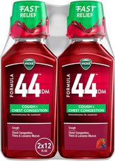 Vicks Formula 44 DM Cough & Congestion Liquid, Over-The-Counter Medicine, Day or Night, Cough Syrup, Powerful Cough and Congestion Relief, Cough Suppressant and Expectorant, Berry Flavor, 2x12 FL OZ