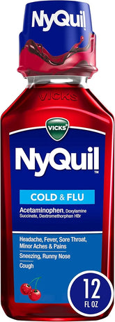 Vicks NyQuil Cherry Cold and Flu Relief Liquid Medicine, Nighttime Relief for Headache, Fever, Sore Throat, Minor Aches and Pains, Sneezing, Runny Nose, and Cough, Cherry Flavored, 12 FL OZ