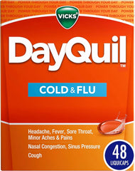 Vicks DayQuil Cold & Flu Medicine, Non-Drowsy Powerful Multi-Symptom Daytime Relief for Headache, Fever, Sore Throat, Minor Aches and Pains, Nasal Congestion, Sinus Pressure and Cough, 48 Liquicaps