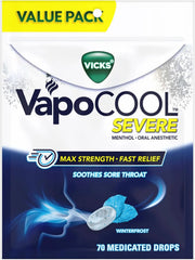 Vicks VapoCool Severe Medicated Sore Throat Drops, Max Strength Menthol, Soothes Sore Throat Pain, Winterfrost Flavor, 70 Count