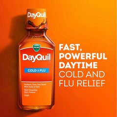 Vicks DayQuil Cold and Flu Relief Liquid Medicine, Non-Drowsy Powerful Multi-Symptom Daytime Relief for Headache, Fever, Sore Throat, Minor Aches and Pains, Nasal Congestion, and Cough, 12 FL OZ