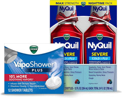 Vicks NyQuil Severe, Nighttime Relief of Cough, Cold & Flu Relief, Sore Throat, 2-12 FL OZ Bottles VapoShower Plus, Shower Bomb Tablets, Strong Soothing Non-Medicated Vapors, 12 Tablets,
