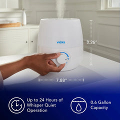Vicks NaturalCare Cool Mist Ultrasonic Humidifier, Small Room Humidifier for Bedroom, Diffuser with Nighttime Light, Works with Vicks VapoPads, White