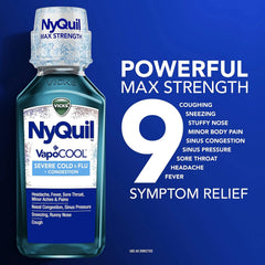 Vicks NyQuil VapoCOOL SEVERE Cold, Flu + Congestion Liquid Medicine, Max Stregth 9-Symptom Nighttime Relief, 12 FL OZ