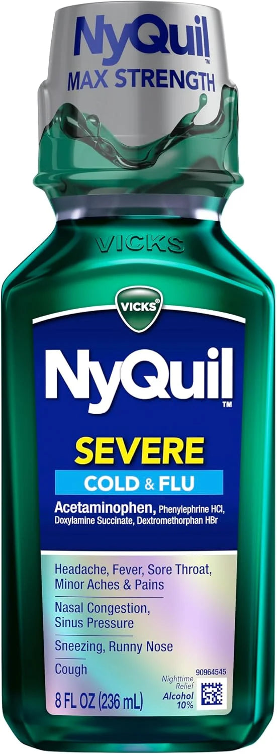 Vicks NyQuil SEVERE Cold and Flu Relief Liquid Medicine, Maximum Strength, 9-Symptom Nighttime Relief For Headache, Fever, Sore Throat, Nasal Congestion, Sinus Pressure, Runny Nose, Cough, 8 FL OZ