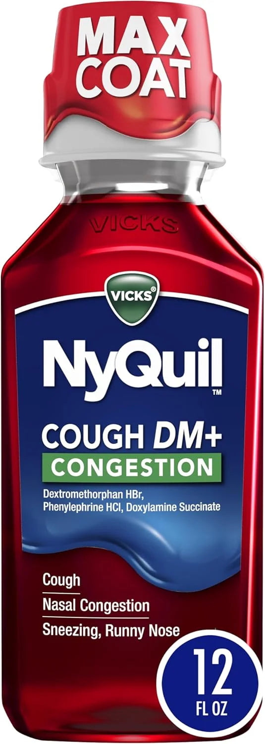 Vicks NyQuil Cough DM+ Congestion Relief Liquid Medicine, Maximum Strength Multi-Symptom Nighttime Relief for Cough, Nasal Congestion, Sneezing and Runny Nose, Cherry Flavor, 12 FL OZ
