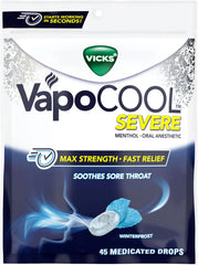 Vicks VapoCool Severe Medicated Sore Throat Drops, Max Strength Menthol, Soothes Sore Throat Pain, Winterfrost Flavor, 45ct