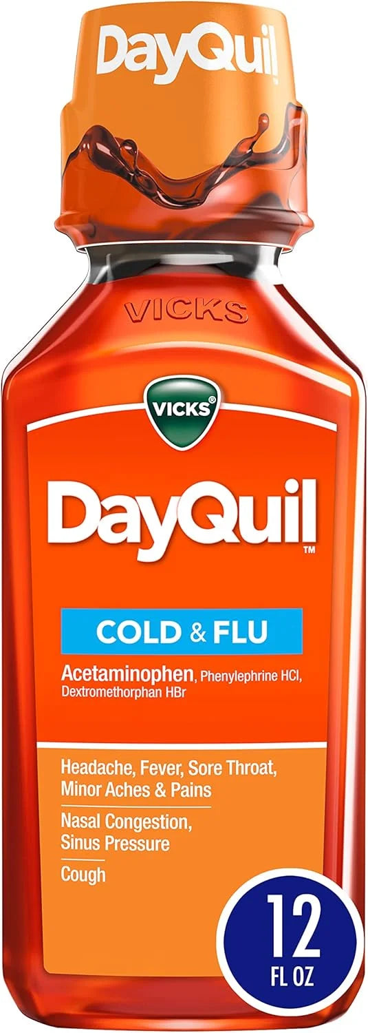 Vicks DayQuil Cold and Flu Relief Liquid Medicine, Non-Drowsy Multi-Symptom Daytime Relief for Headache, Fever, Sore Throat, Minor Aches and Pains, Nasal Congestion, and Cough, 12 Fl Oz