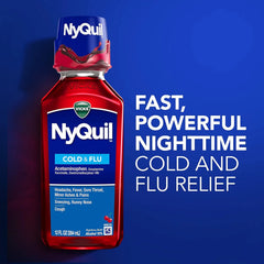 Vicks NyQuil Cherry Cold and Flu Relief Liquid Medicine, Nighttime Relief for Headache, Fever, Sore Throat, Minor Aches and Pains, Sneezing, Runny Nose, and Cough, Cherry Flavored, 12 FL OZ