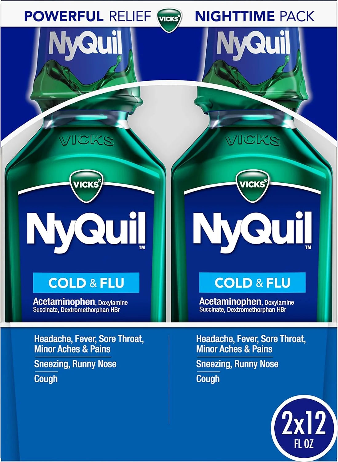 Vick NyQuil Cough Cold and Flu Nighttime Relief, Original Liquid, 2x12 Fl Oz