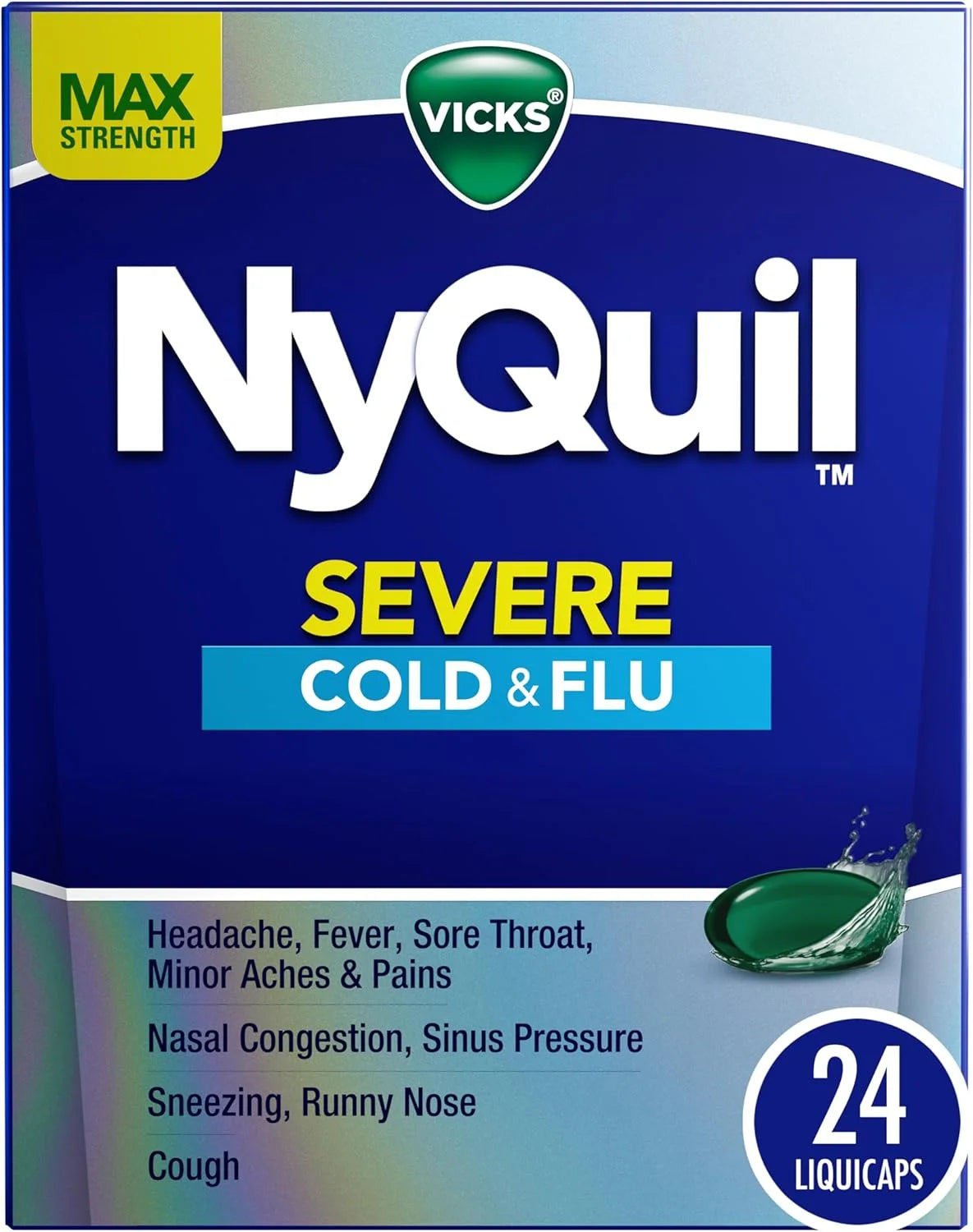 Vicks NyQuil Severe Cold, Flu, & Congestion Medicine, 24 Liquicaps, Maximum Strength, 24Count