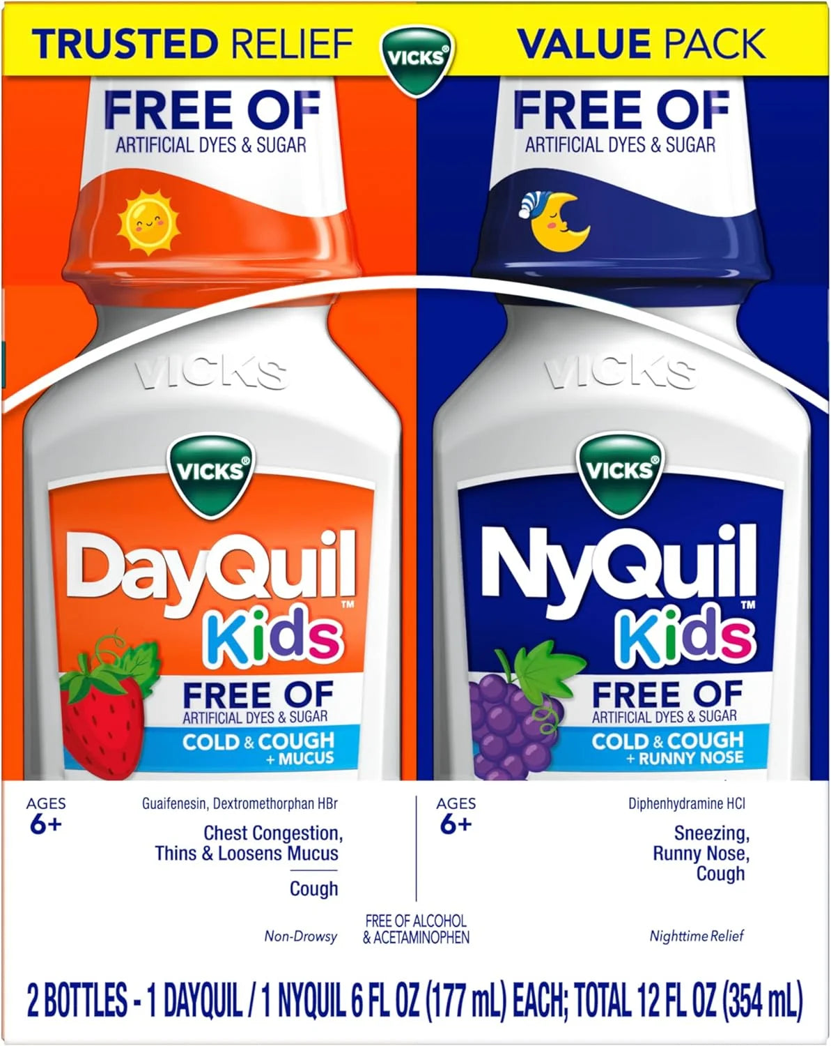 VICKS Kids DayQuil & NyQuil Cold & Cough Relief Liquid Co-Pack, Free of Artificial Dyes & Sugar, Multi-Symptom Relief of Cough, Sneezing, Runny Nose, Mucus, and Chest Congestion, for Ages 6+, 2x6oz
