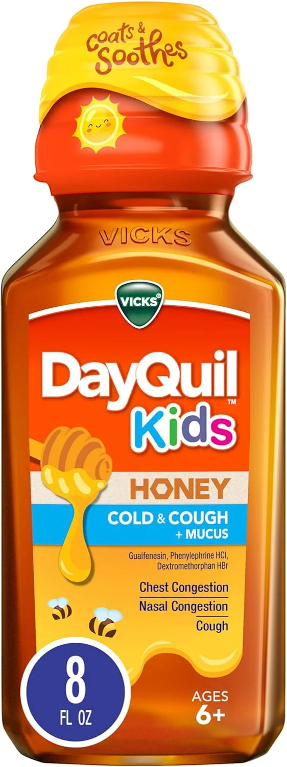 Vicks DayQuil Kids Cold and Cough + Mucus Relief Made with Real Honey for Kids 6+ Tastes Great 8oz