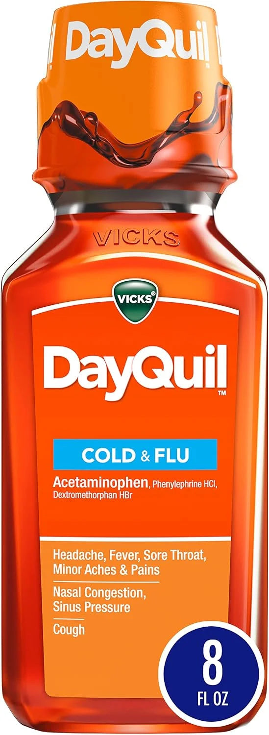 Vicks DayQuil Cold and Flu Relief Liquid Medicine, Non-Drowsy Powerful Multi-Symptom Daytime Relief for Headache, Fever, Sore Throat, Minor Aches and Pains, Nasal Congestion, and Cough, 12 FL OZ