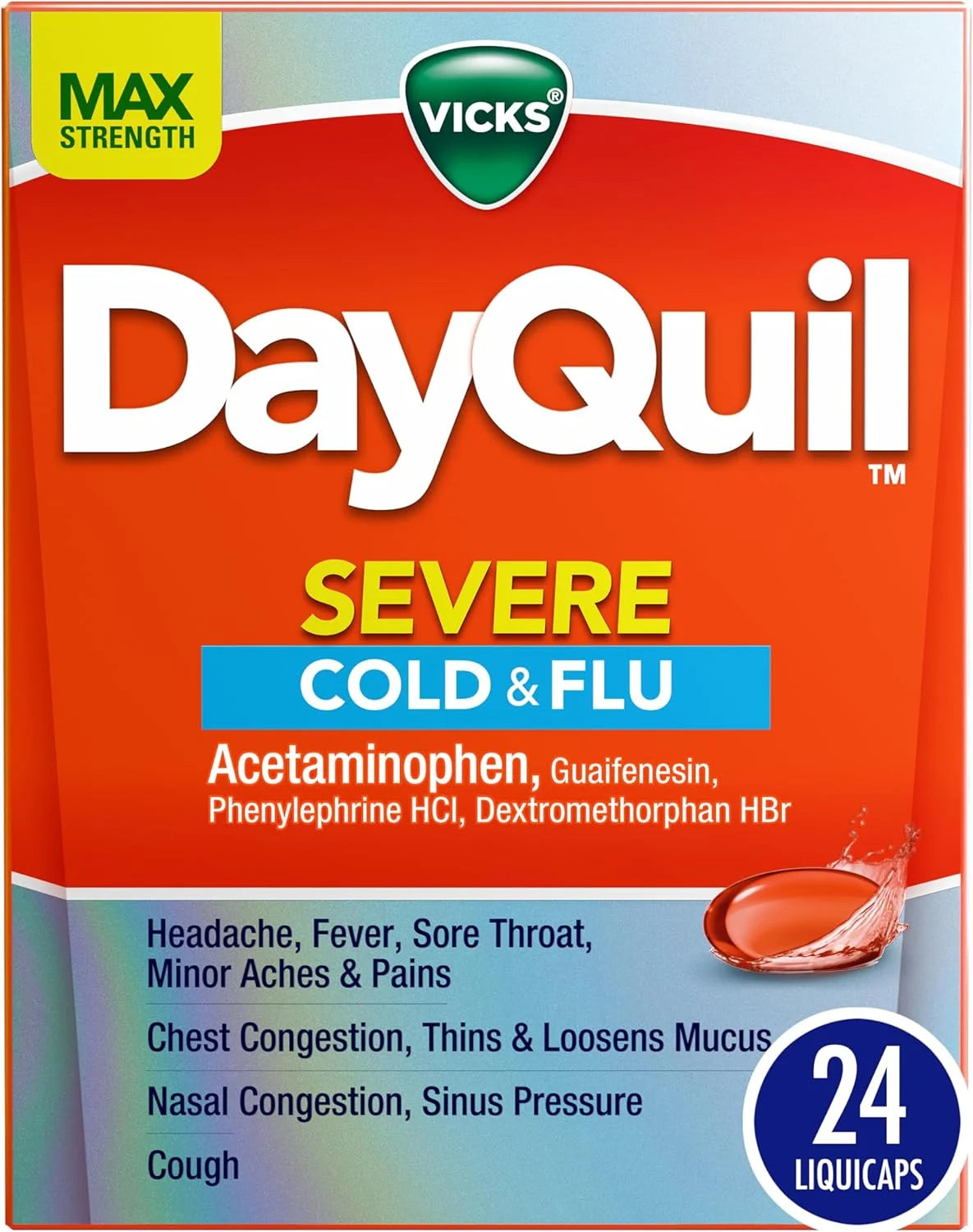 Vicks DayQuil Severe Cold, Flu & Congestion Medicine, Liquicaps, Maximum Strength Orange, 24 Count