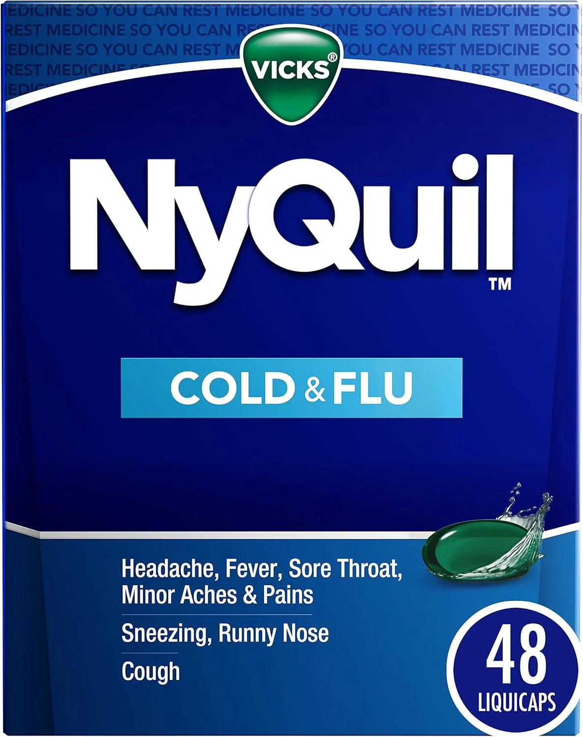 Vicks NyQuil Cold & Flu Relief Over-the-Counter Medicine, Powerful Multi-Symptom Nighttime Relief for Headache, Fever, Sore Throat, Aches, Sneezing, Runny Nose & Cough, 48 LiquiCaps