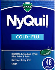 Vicks NyQuil Cold & Flu Relief Over-the-Counter Medicine, Powerful Multi-Symptom Nighttime Relief for Headache, Fever, Sore Throat, Aches, Sneezing, Runny Nose & Cough, 48 LiquiCaps