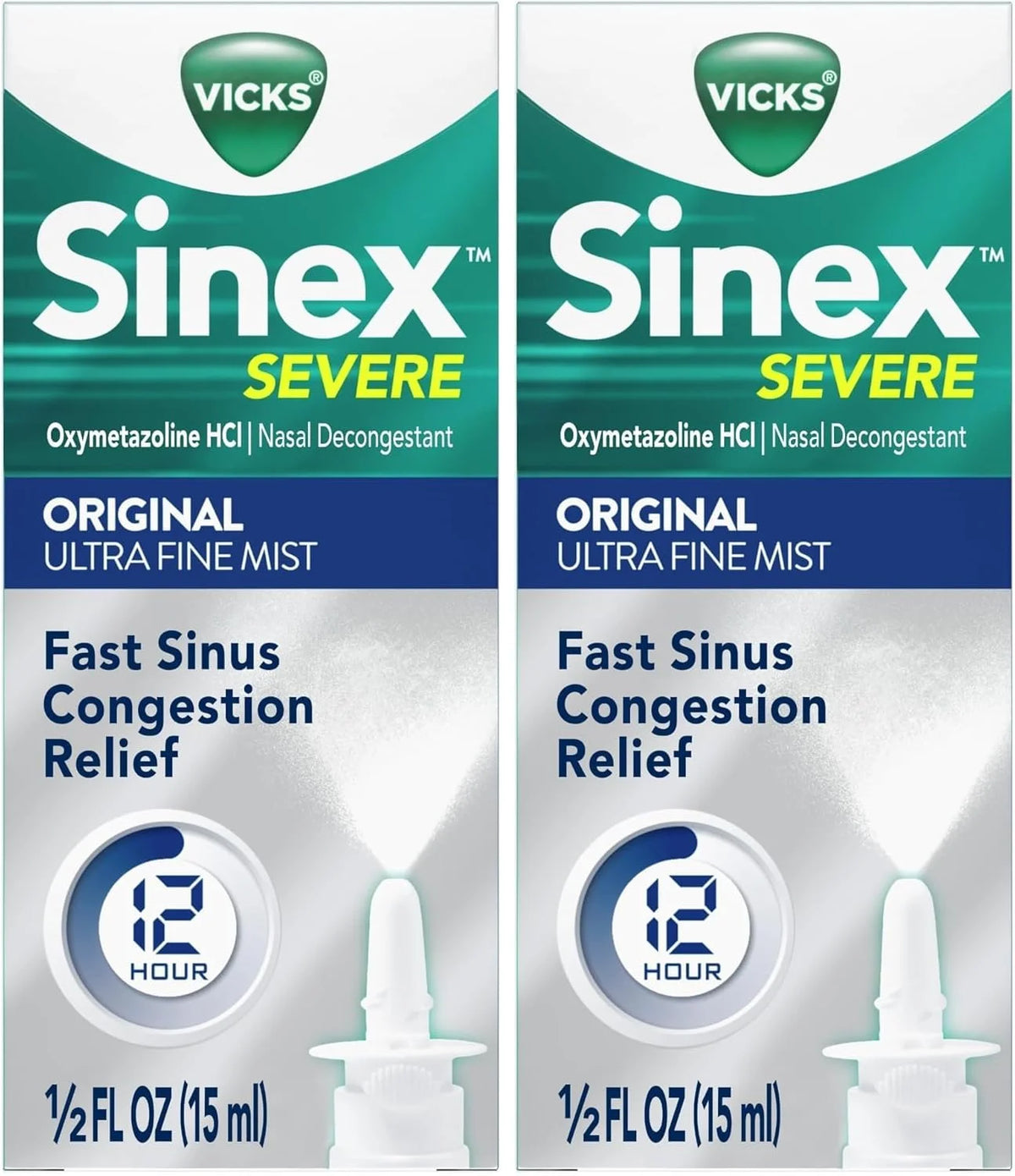 Vicks Sinex Severe Nasal Spray, Original Ultra Fine Mist, Decongestant Medicine, Relief from Stuffy Nose Due to Cold or Allergy, & Nasal Congestion, Sinus Pressure Relief, 265 Sprays (Pack of 2)