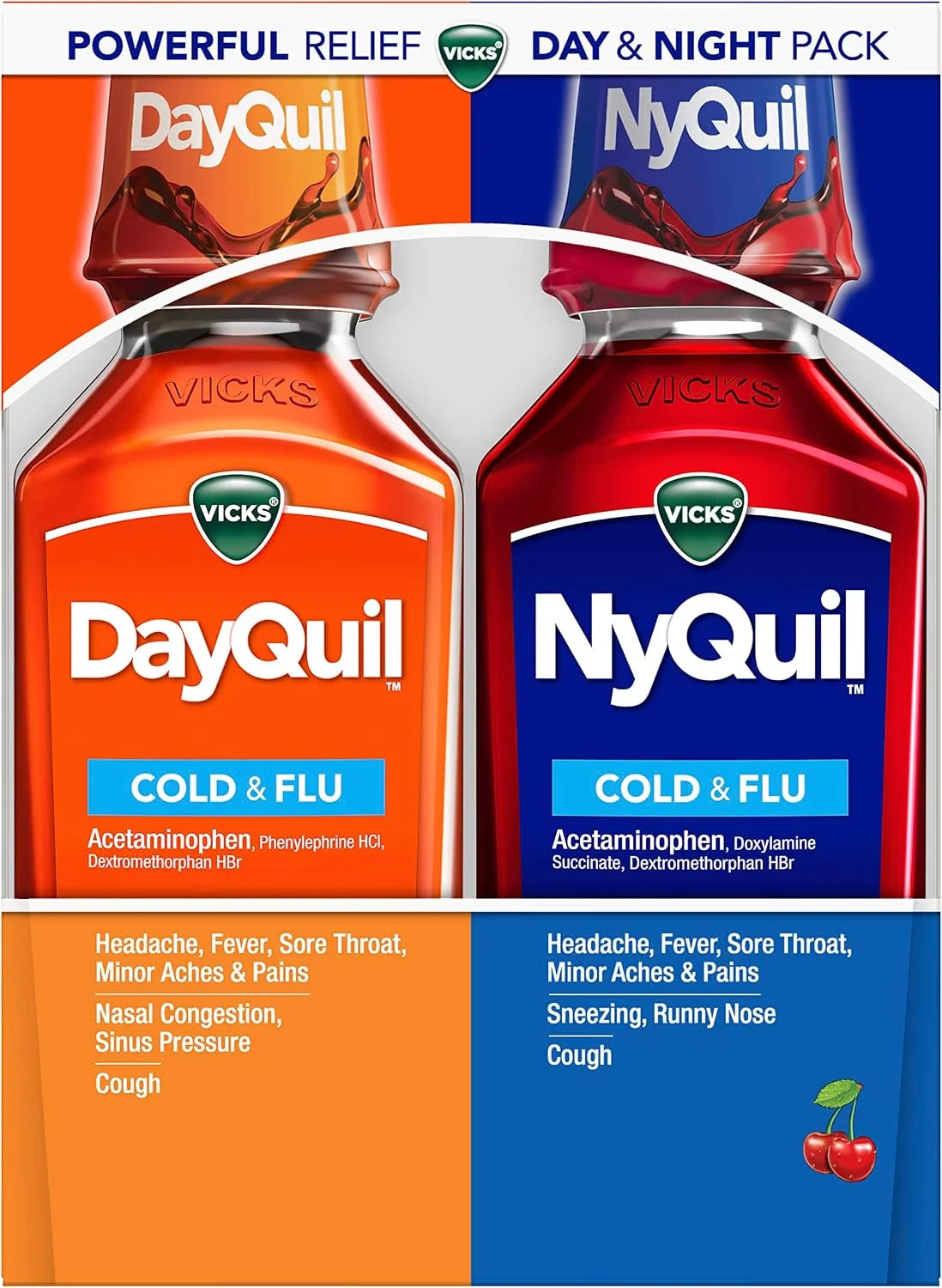 Vicks DayQuil and NyQuil Cherry Cold and Flu Relief Cherry-Flavored Liquid Medicine, Cherry Flavored, Combo Pack, 2 x 12 FL OZ Bottles