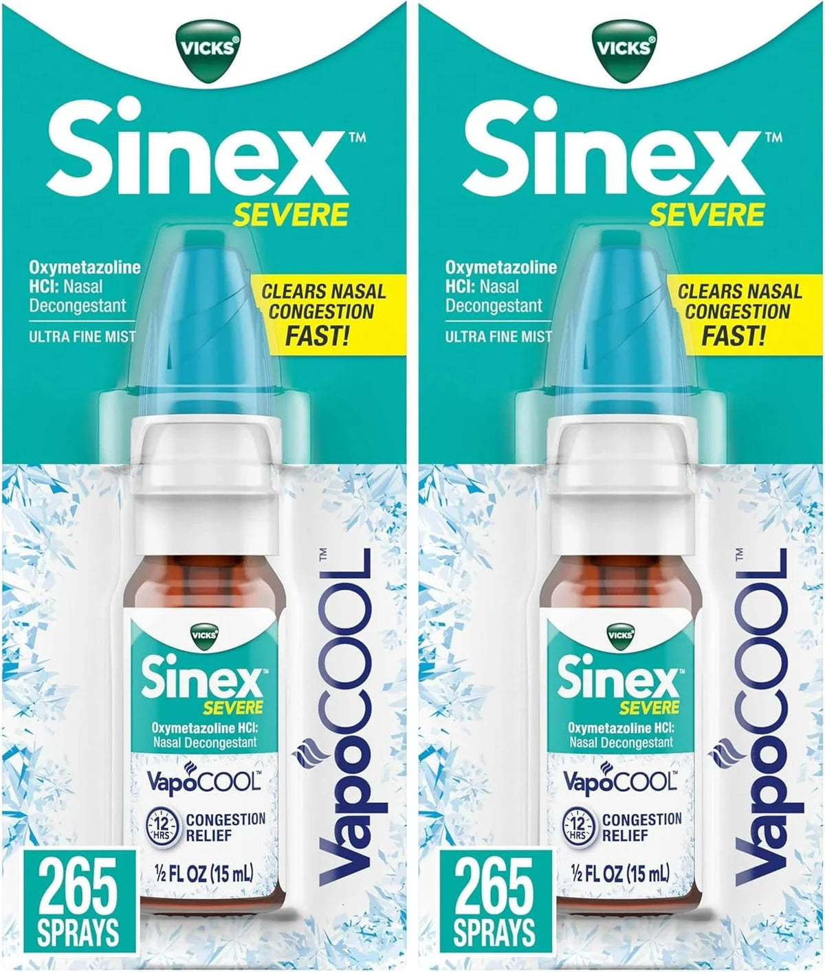 Vicks Sinex Severe Nasal Spray with VapoCOOL, Soothing Vapors,Decongestant Medicine,Relief from Stuffy Nose Due to Cold or Allergy & Nasal Congestion,Sinus Pressure Relief,265 Sprays (Pack of 2)