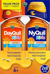 Vicks Kids DayQuil & NyQuil Honey Cold & Cough + Congestion Relief Co-Pack for Nighttime & Daytime Cough & Congestion, Flavored with Real Honey, for Children Ages 6+, 2-8 OZ Bottles