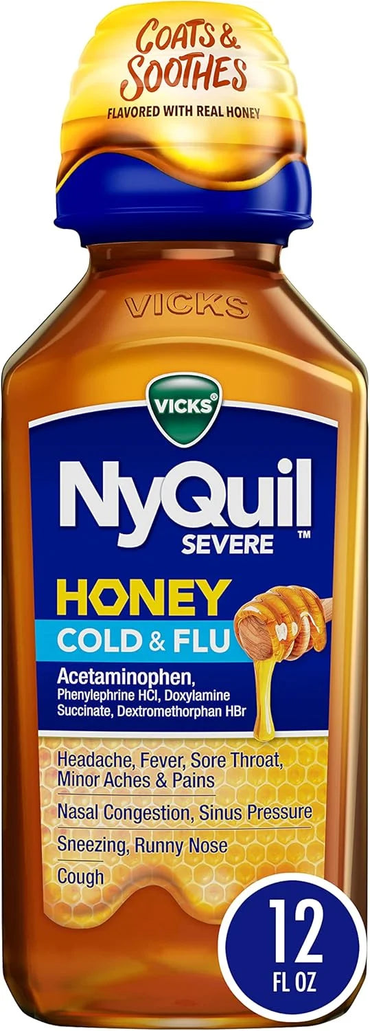 Vicks NyQuil Severe Honey Cold and Flu Medicine, Maximum Strength, Relieves Cough, Sore Throat, Fever, Congestion, 12 Oz