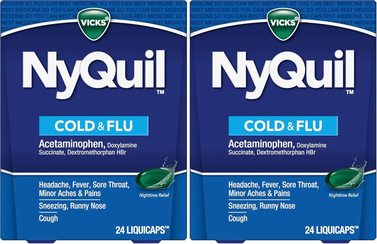 Vicks NyQuil Cold and Flu Relief Liquid Medicine, Powerful Multi-Symptom Nighttime Relief for Headache, Fever, Sore Throat, Minor Aches and Pains, Sneezing, Runny Nose, and Cough, 24 Liquicaps