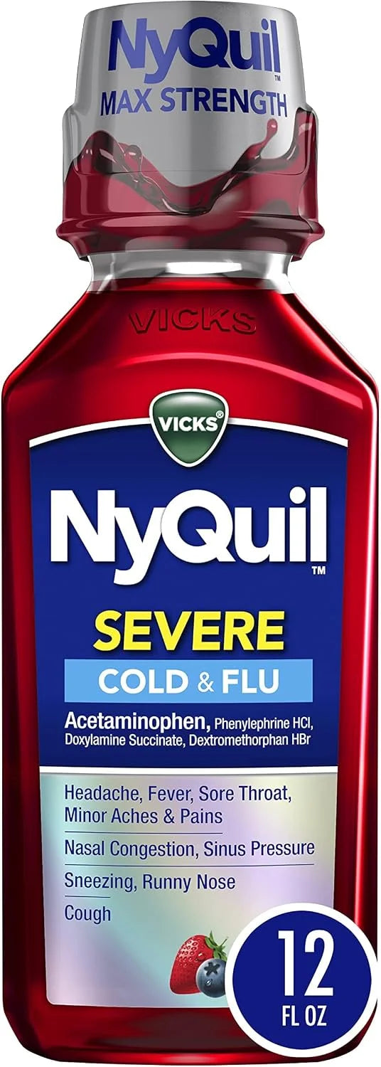 Vicks NyQuil SEVERE Cold and Flu Relief Liquid Berry Flavored Medicine, Maximum Strength, 9-Symptom Nighttime Relief For Fever, Sore Throat, Nasal Congestion, Sinus Pressure, Sneezing, Cough, 12 FL OZ