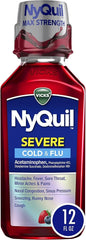 Vicks NyQuil SEVERE Cold and Flu Relief Liquid Berry Flavored Medicine, Maximum Strength, 9-Symptom Nighttime Relief For Fever, Sore Throat, Nasal Congestion, Sinus Pressure, Sneezing, Cough, 12 FL OZ