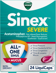 Vicks Sinex SEVERE, All-In-One Sinus + Mucus Relief, Non-Drowsy, Loosens Mucus, Maximum Strength Relief of Pain, Pressure, Congestion, & Headache Relief, 24 LiquiCaps