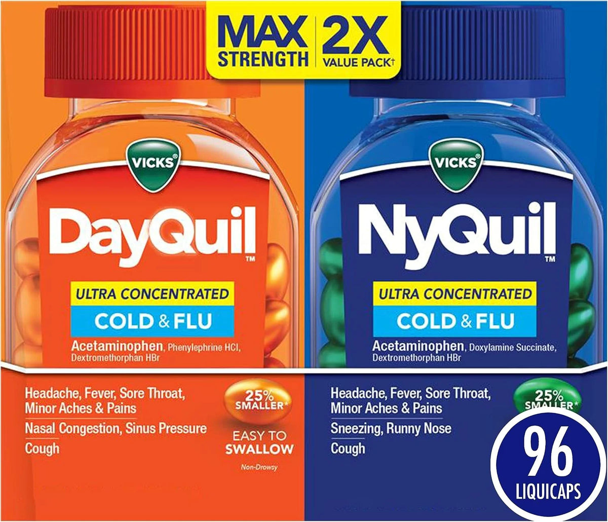 Vicks DayQuil&NyQuil Ultra Concentrated Liquicaps Co-Pack,Cold&Flu Medicine,Powerful Multi-Symptom Daytime &Nighttime Relief for Headache,Fever,Sore Throat,Minor Aches &Pains & Cough,96ct (Pack of 12)