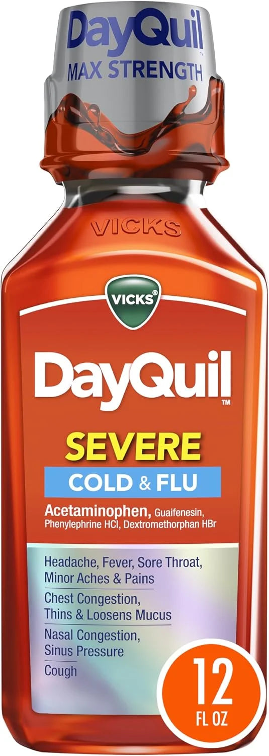 Vicks DayQuil SEVERE Cold & Flu Relief Liquid Medicine, Maximum Strength 9-Symptom Non-Drowsy Daytime Relief for Headache, Fever, Sore Throat, Minor Aches and Pains, Chest Congestion, Stuffy Nose, Nasal Congestion, Sinus Pressure, and Cough, 12 FL OZ