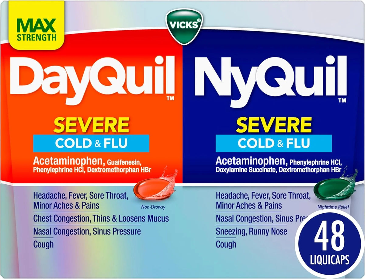 Vicks, DayQuil and NyQuil Severe Co-Pack, Cold and Flu Medicine, Powerful Relief for Headache, Fever, Sore Throat, Minor Aches and Pains, Congestion, Sinus Pressure, Stuffy Nose, 48 LiquiCaps