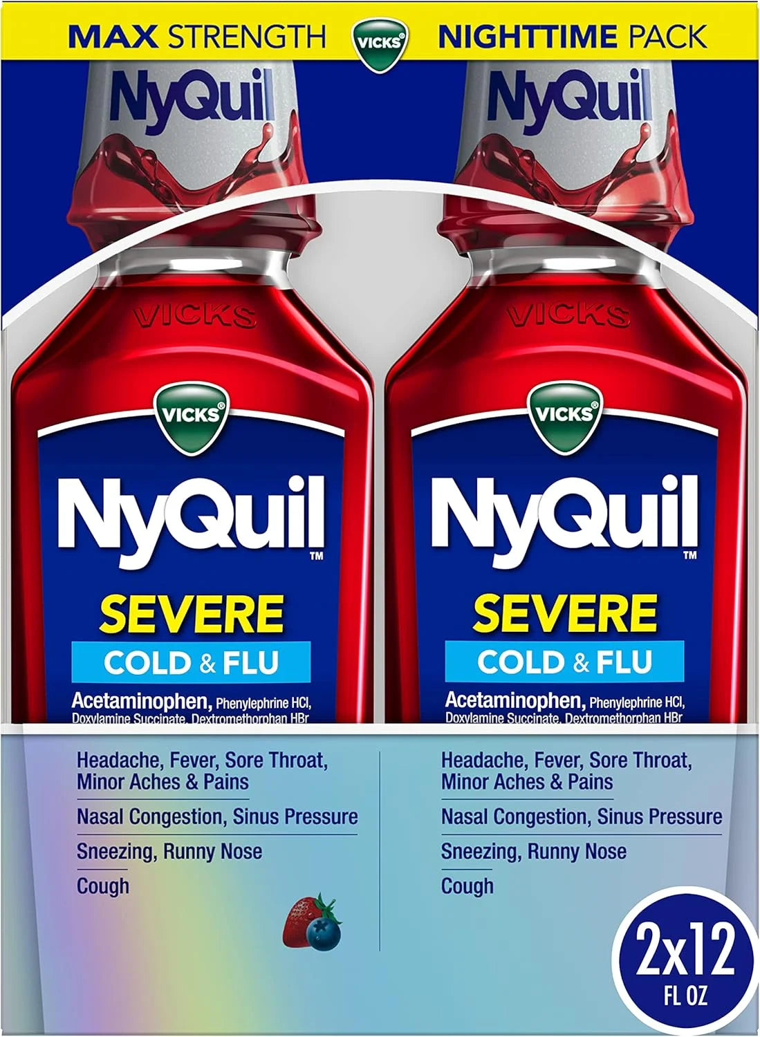 Vicks NyQuil SEVERE Cold & Flu Liquid Twin Pack, Nighttime Relief Medicine for Headache, Fever, Sore Throat, Minor Aches & Pains, Nasal Congestion, Sneezing, Runny Nose, Cough, Berry Flavor, 2x12 OZ