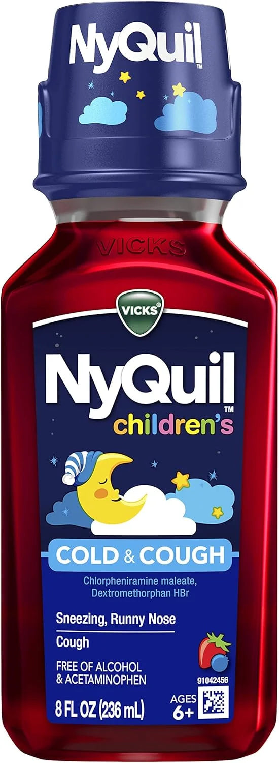 Vicks Children's NyQuil Cold & Cough Medicine for Sneezing, Runny Nose, and Cough Relief, Free of Alcohol and Acetaminophen, Berry Flavor, For Children Ages 6+, 8 FL OZ